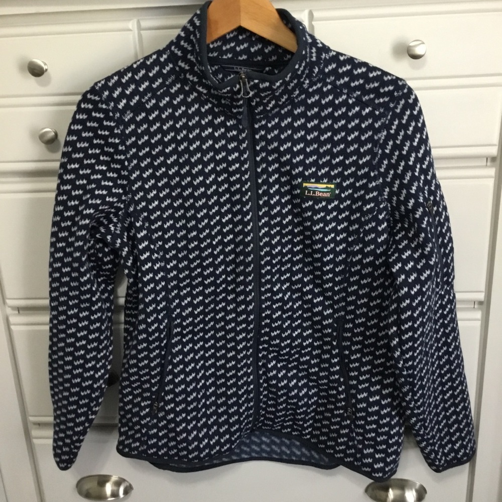 L.L. Bean Full Zip Birdseye Pattern Navy Blue Sweater Petite Large